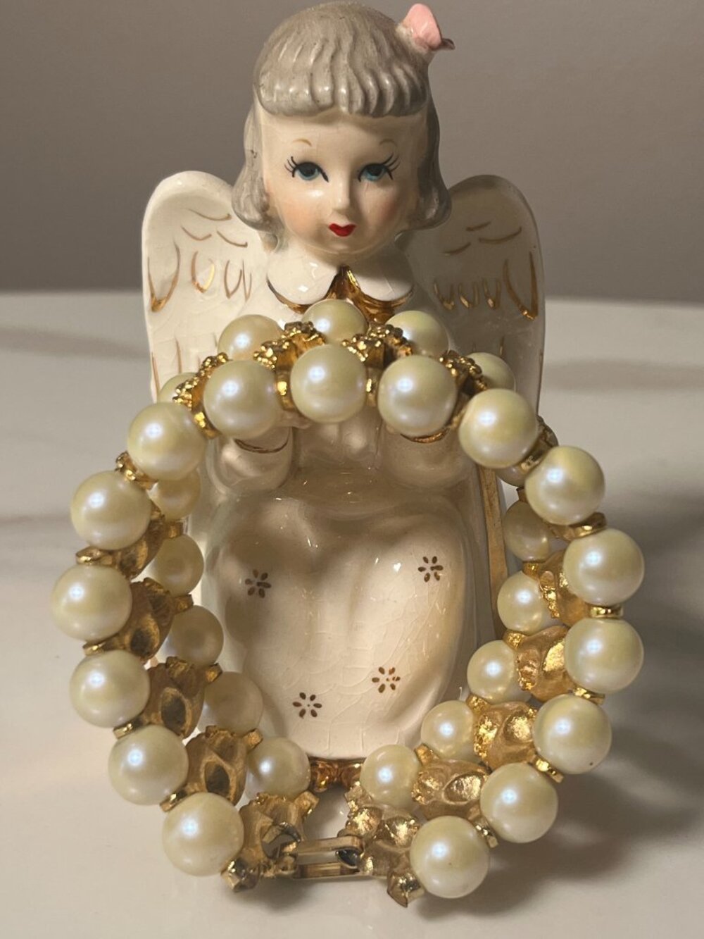 Vintage Faux Pearl Gold Tone Wide Textured Statement Bracelet